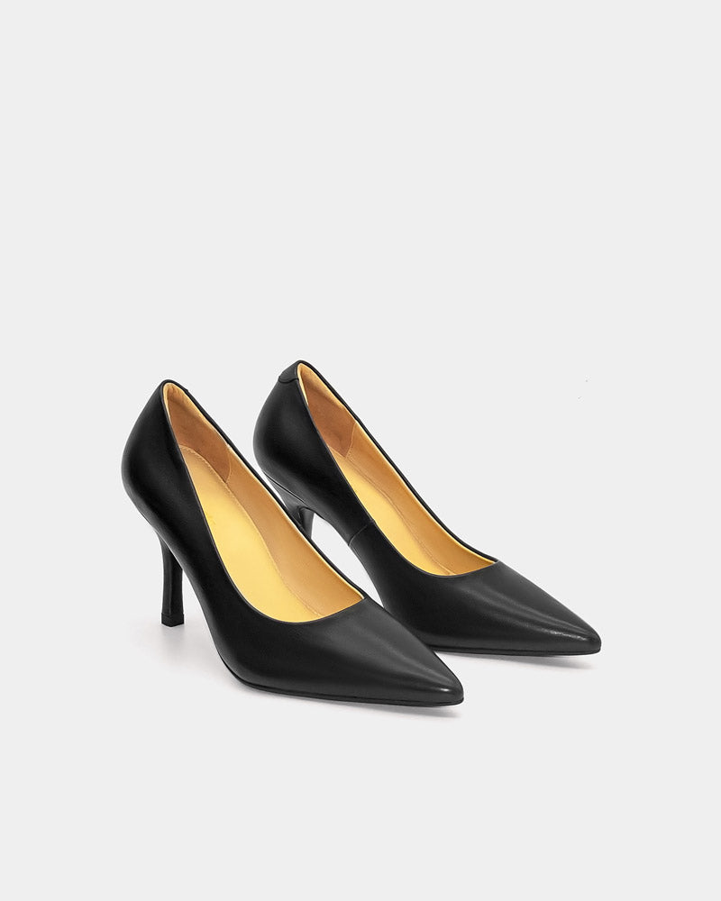 Black leather heeled pumps with ultra comfort support and cushioning