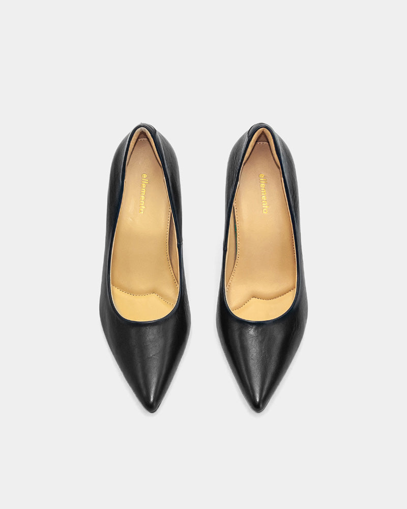 Elegant black calf leather high heels with triple-layer cushioning, stable outsole for work & event