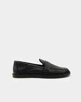 side view of black leather penny loafers  for women