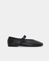 side view of black ballet flats with strap 
