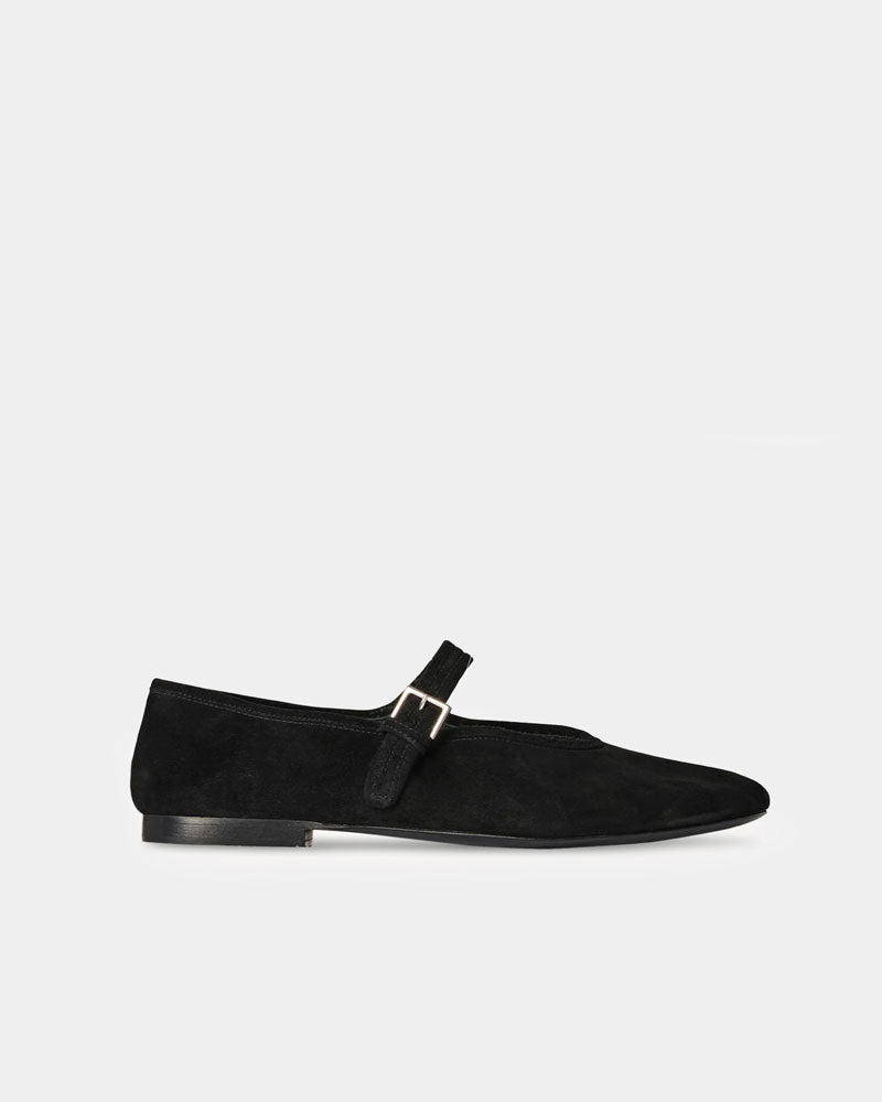 Side view of black suede leather ballet flats with flexible outsole 