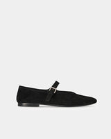 Side view of suede ballet flats with strap in black