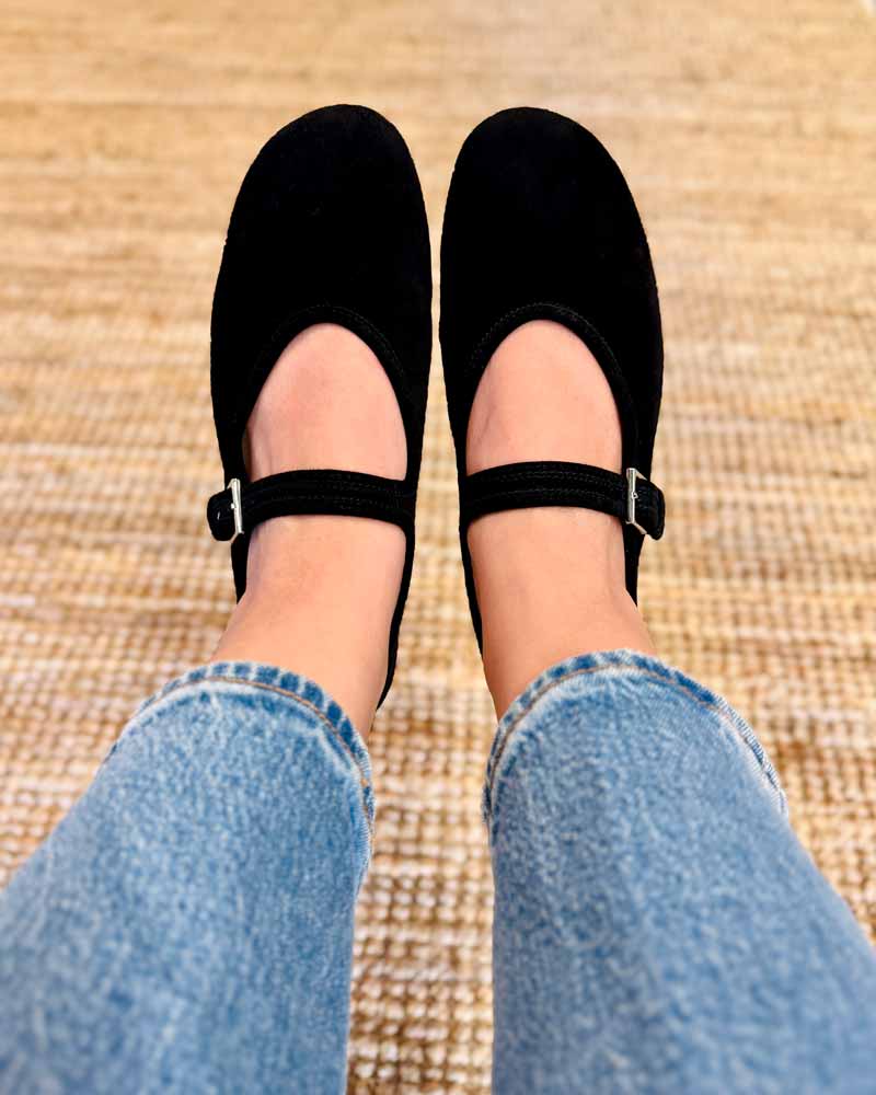 Luxe suede ballet flat shoes – adjustable strap for custom fit & support