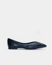 A single black leather flat shoe with a woven pattern on the toe, shown in profile against a light gray background.
