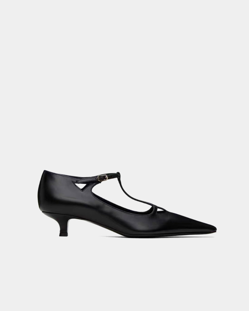 Black kitten heels for women – T-strap office shoes in lambskin leather