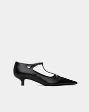 Black kitten heels for women – T-strap office shoes in lambskin leather