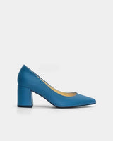 side view of block heel pumps in blue leather