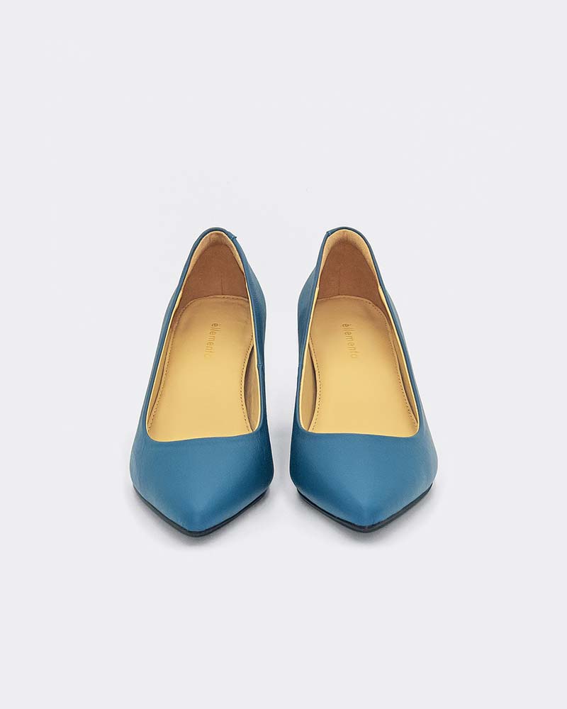 a pair of blue leather block heel pumps