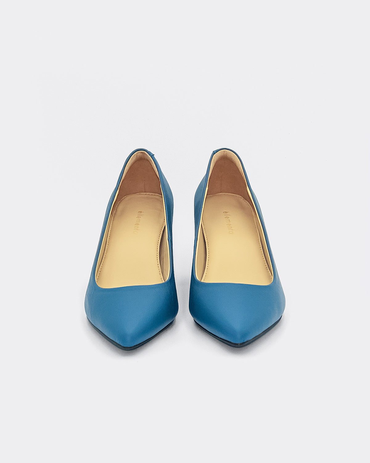 a pair of blue leather block heel pumps