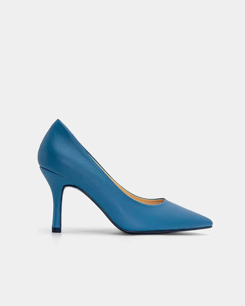 side view of blue leather heeled pumps