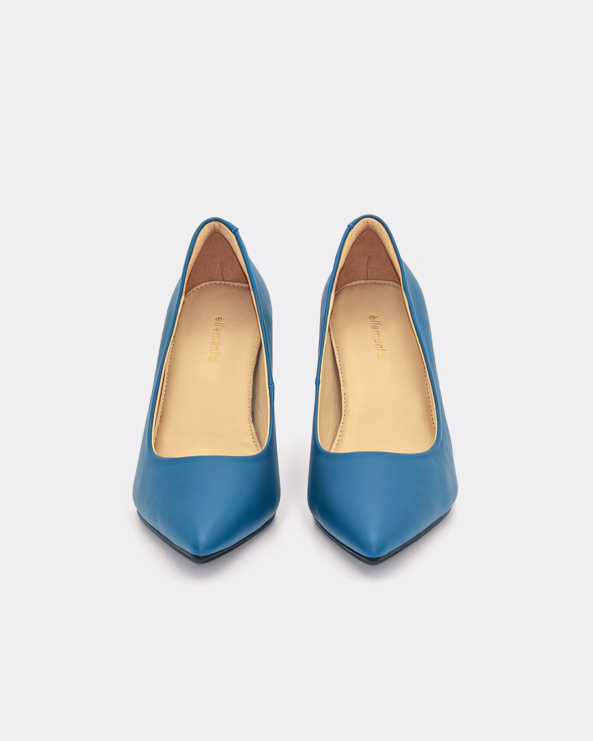 a pair of blue heeled pumps with heel grips