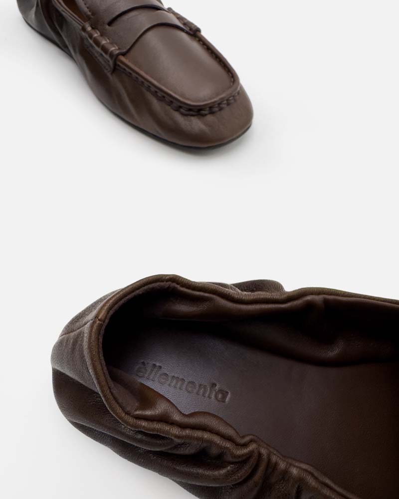 Women's dark brown leather loafers in soft leather by éllementa Australia