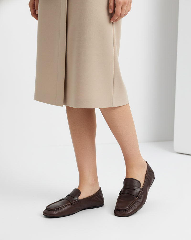 Dark brown leather loafers for women that are soft and lightweight 