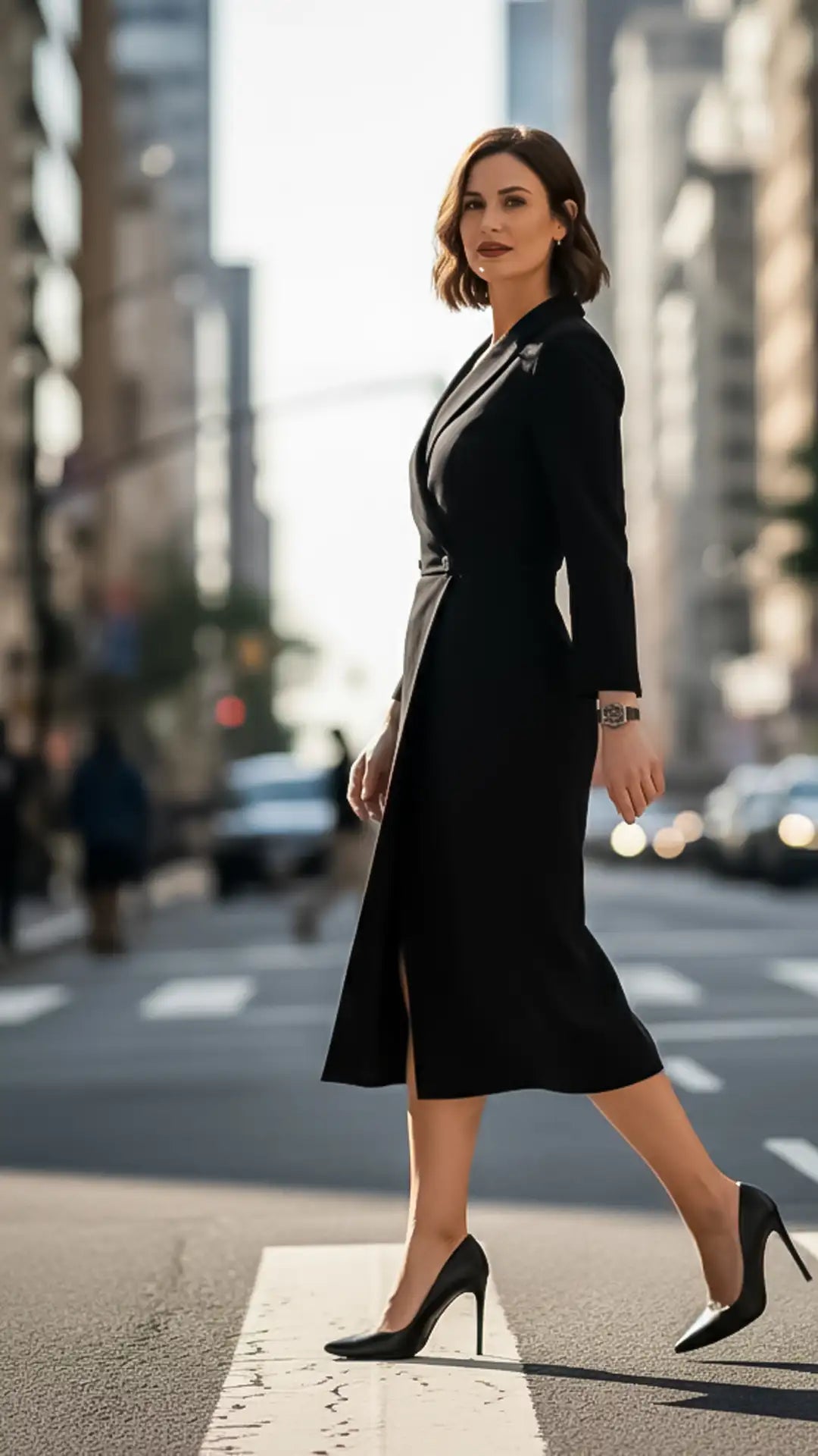 Woman in a black dress walking on a city street