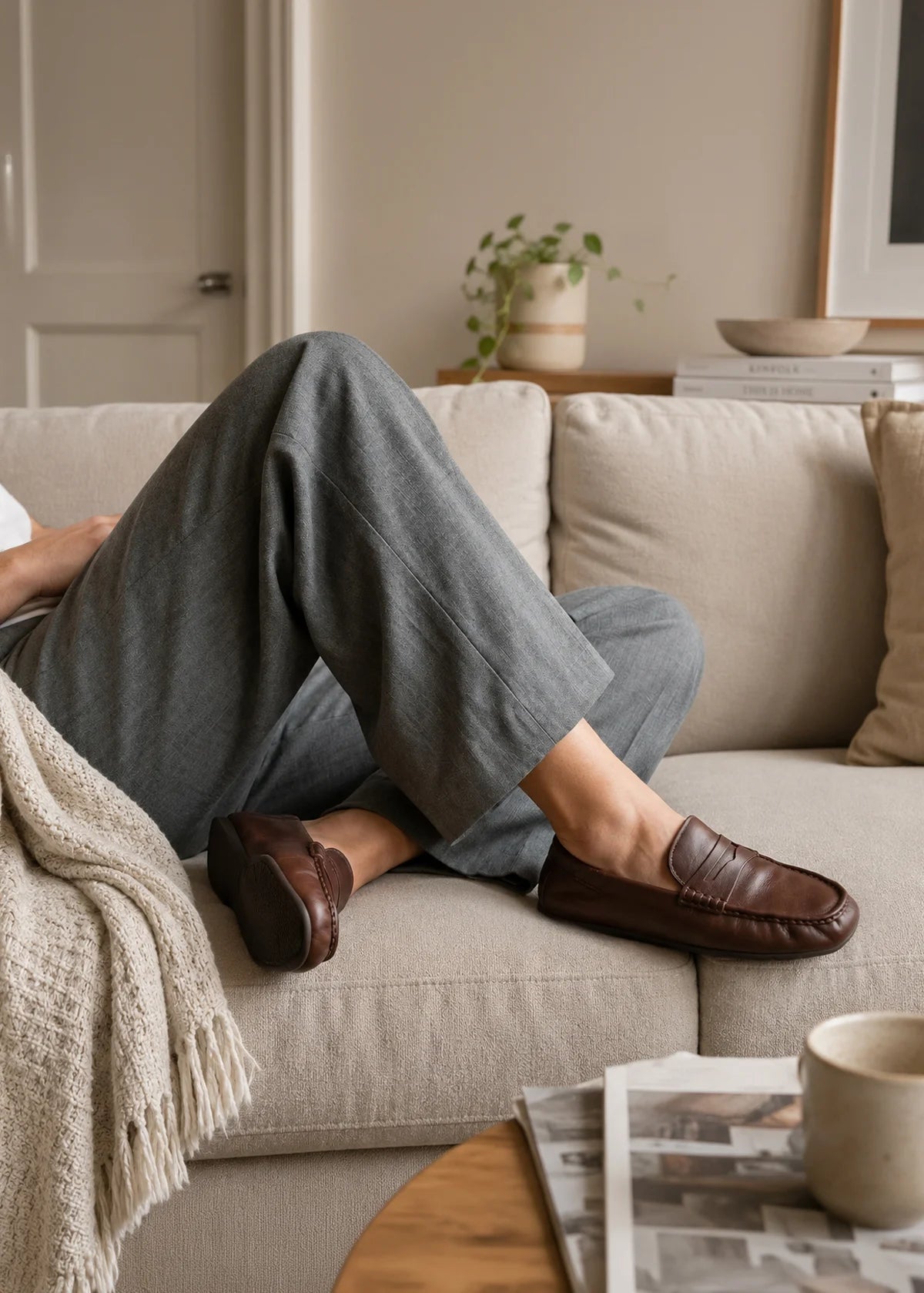 Person sitting on a couch wearing brown loafers in a cozy living room.