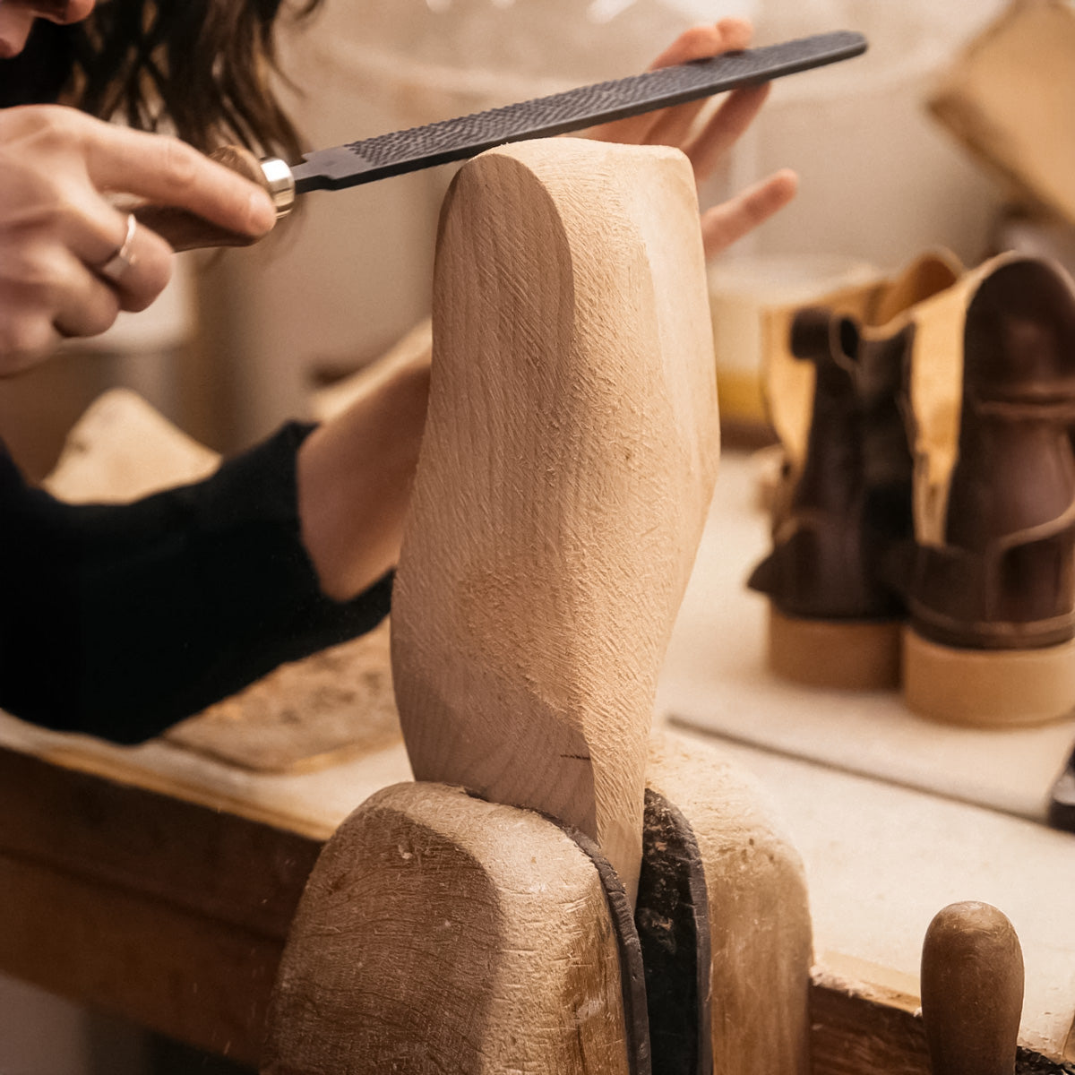 Crafting wooden shoe last for women's shoes by èllementa footwear Australia 
