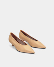 Classic pointy kitten heels in timeless tan shade, made from luxurious calfskin leather for formal elegance