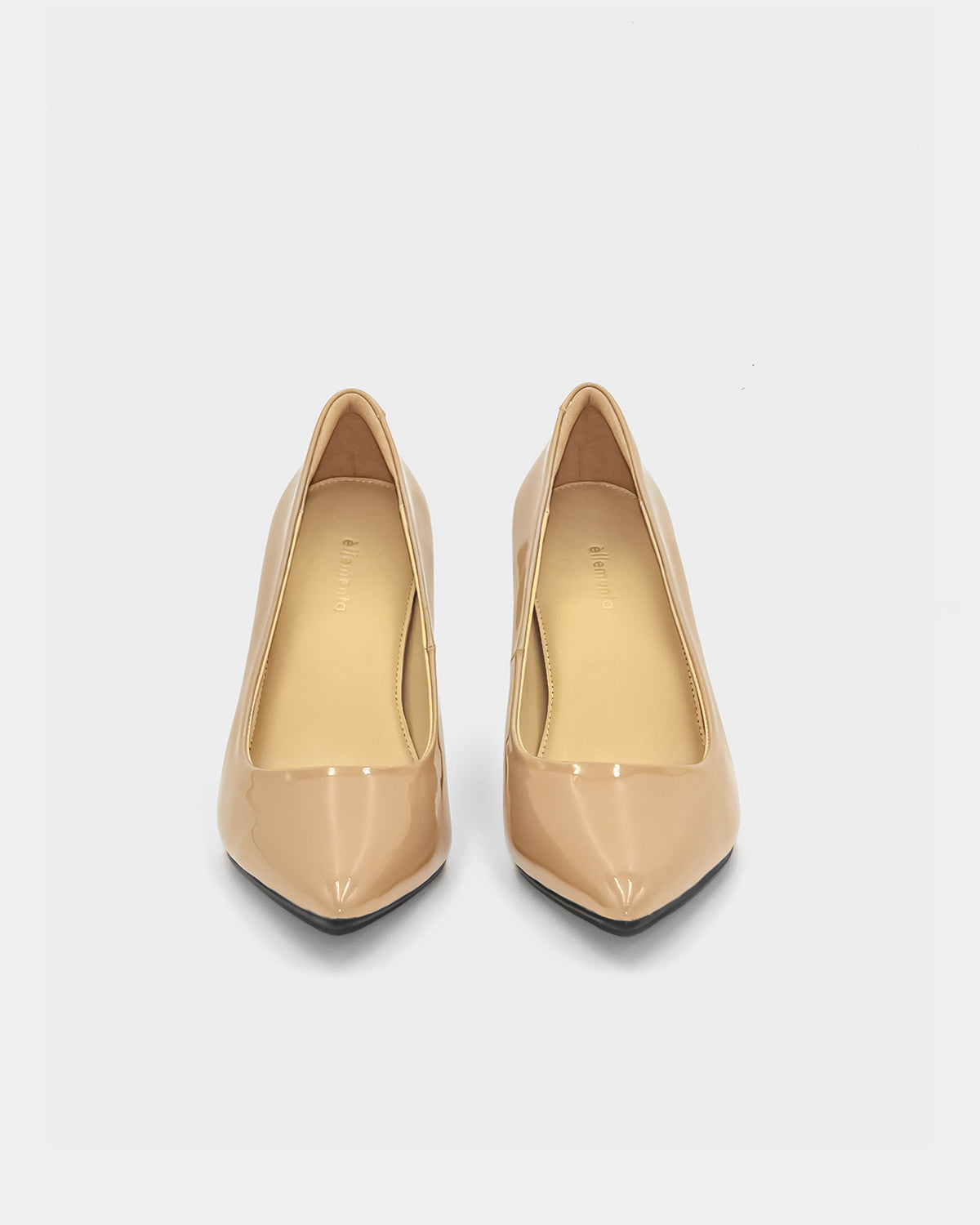 Nude beige patent heeled pumps with padded footbed support for all-day comfort