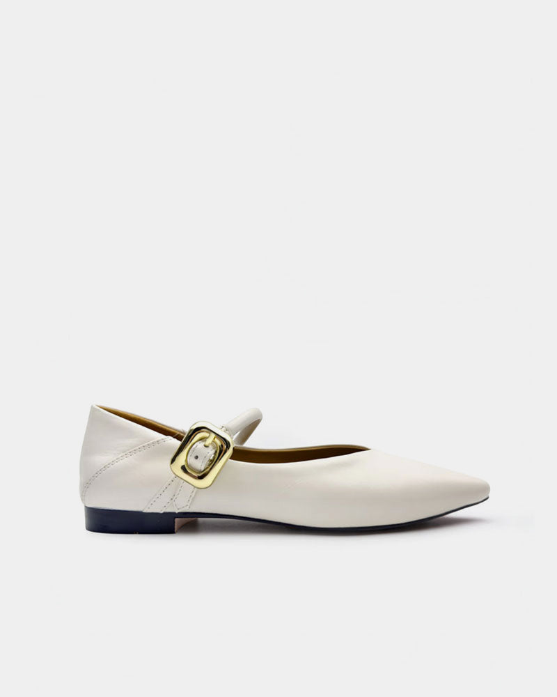 women’s white Mary Jane flats leather elegant strap and pointed toe éllementa