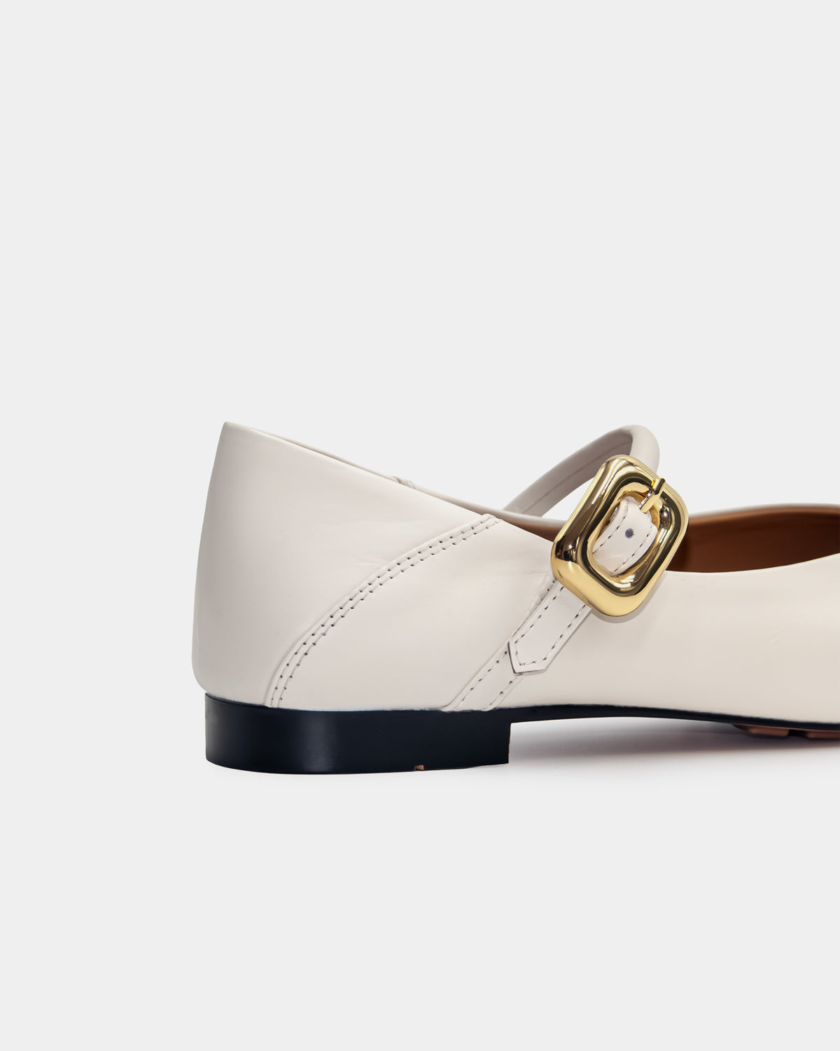 White Mary Jane flats in leather for women with gold buckle strap