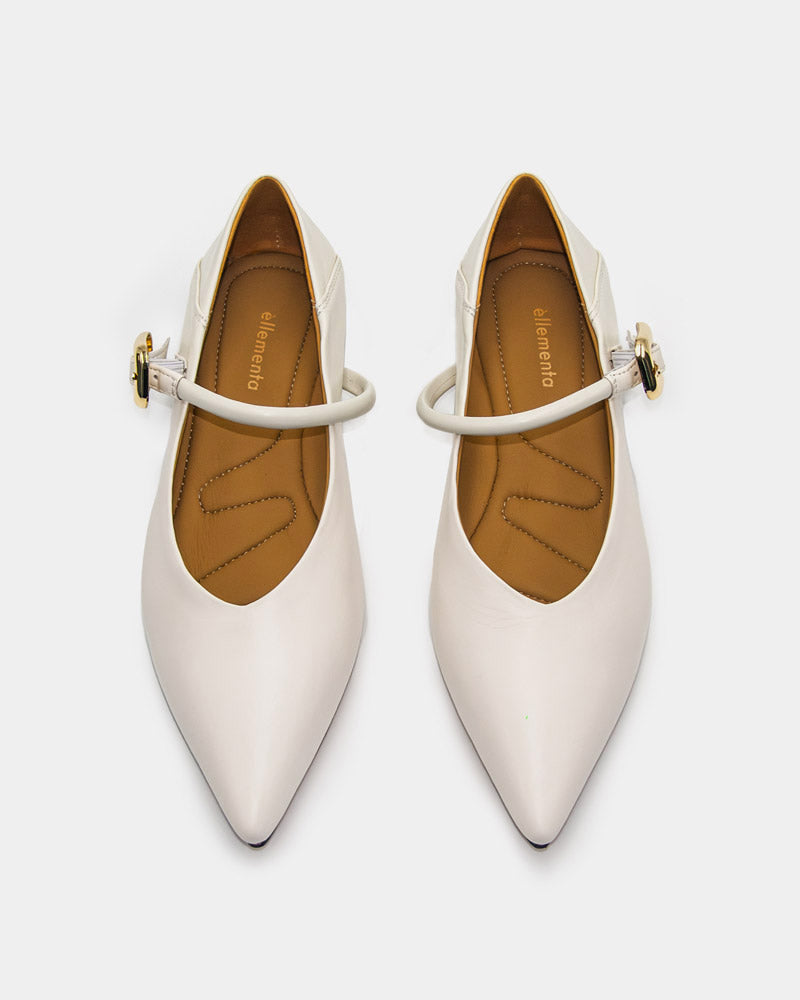 pointed toe white leather Mary Jane flats with adaptive cushion support