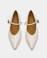 pointed toe white leather Mary Jane flats with adaptive cushion support