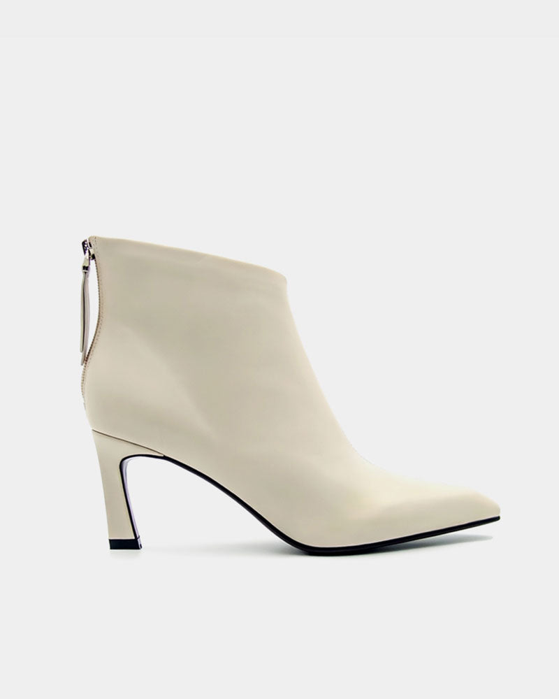 White ankle boots women – pointed toe calfskin boots with 7cm heel and back zipper detail