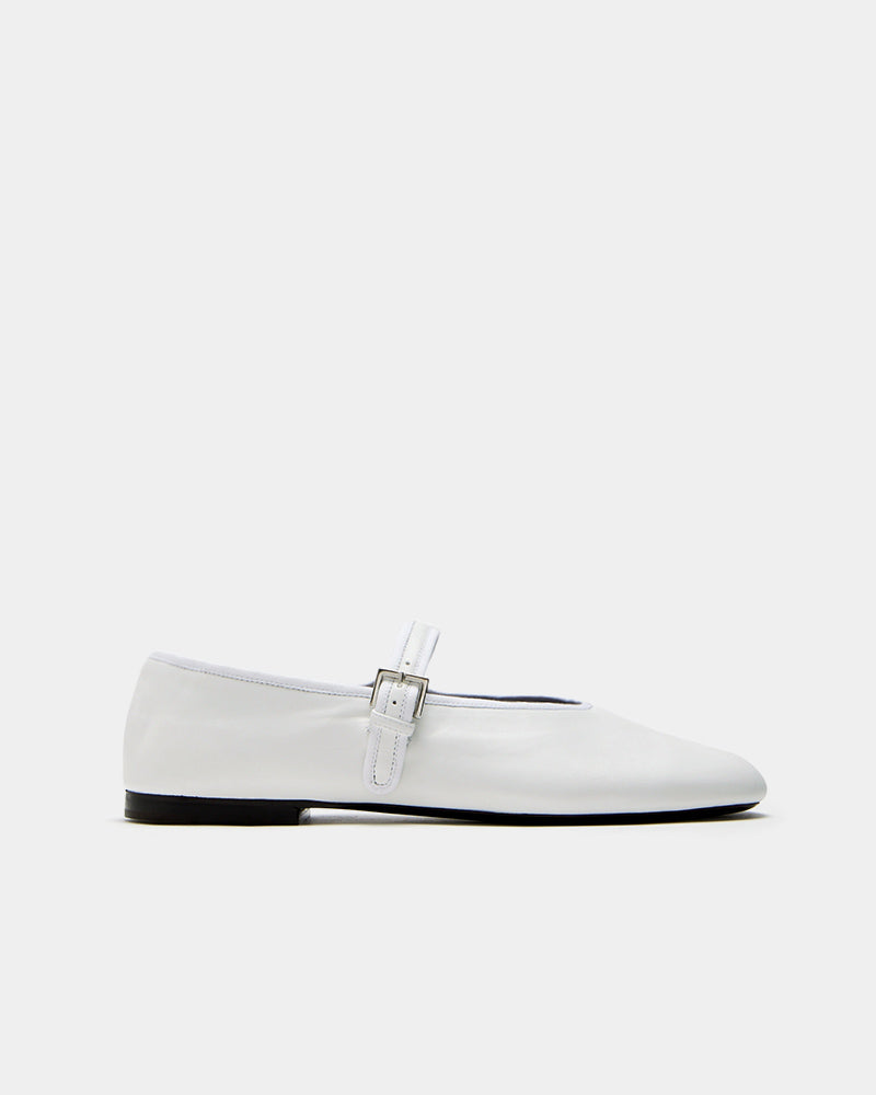 side profile white ballet flats—flexible leather sole and strap