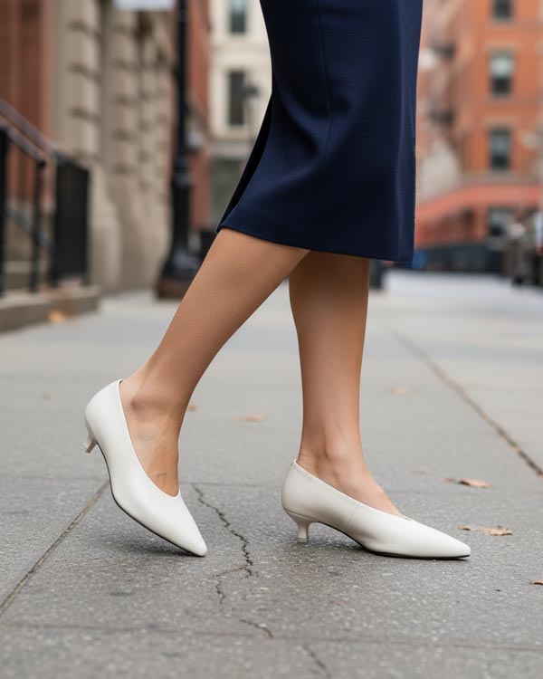Woman wearing white leather kitten heels in Australia