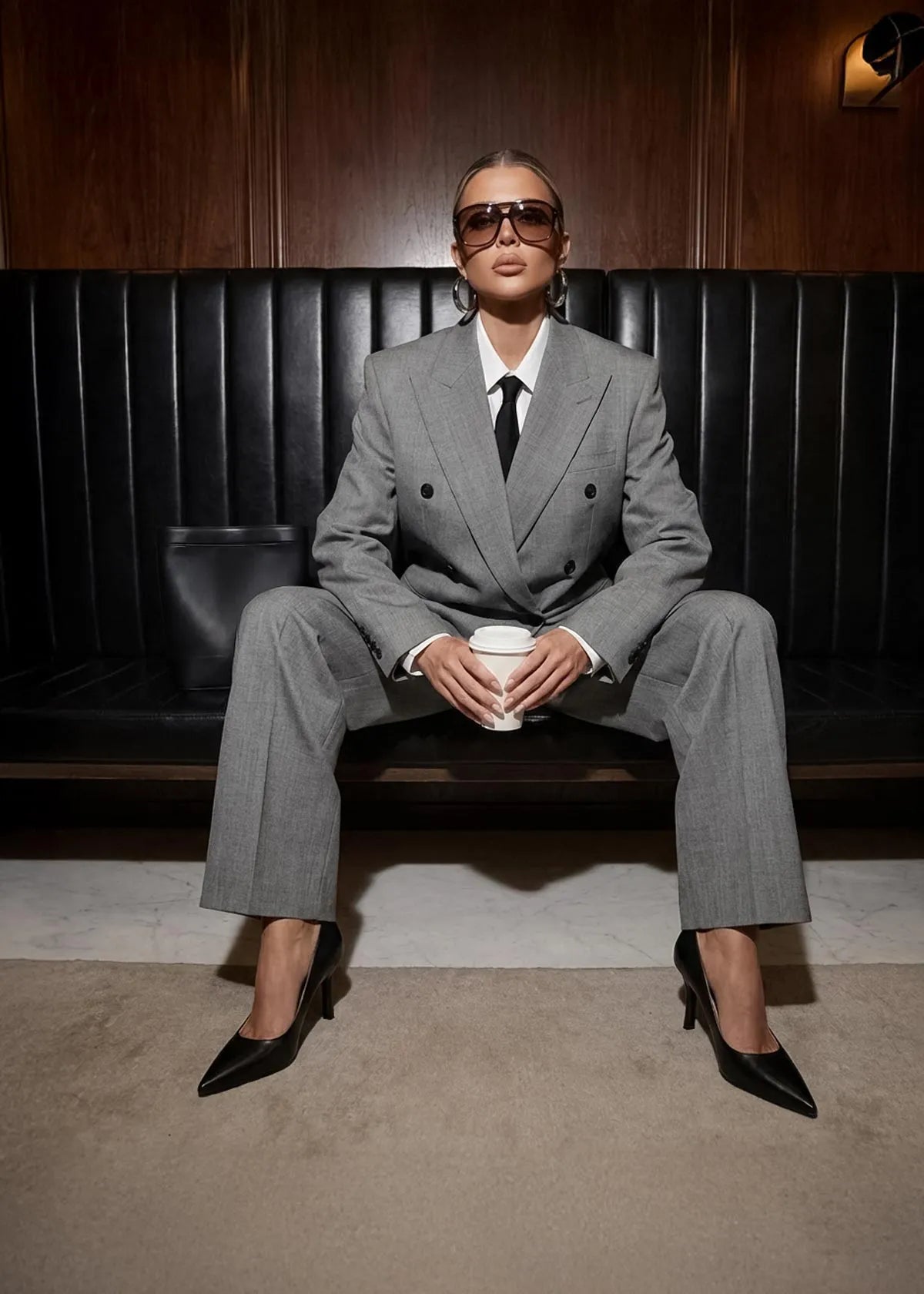 Woman in a gray suit and black high heels sitting on a black bench holding a cup.