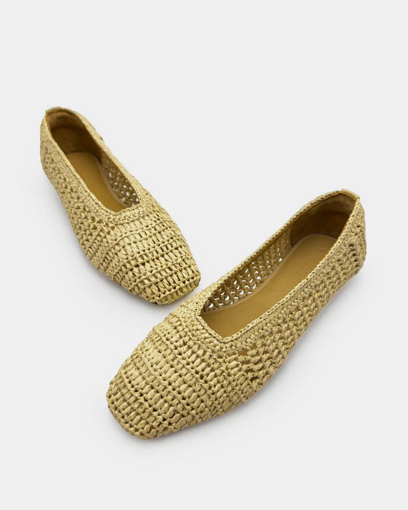 top view square-toe raffia ballet flats—roomy toe box